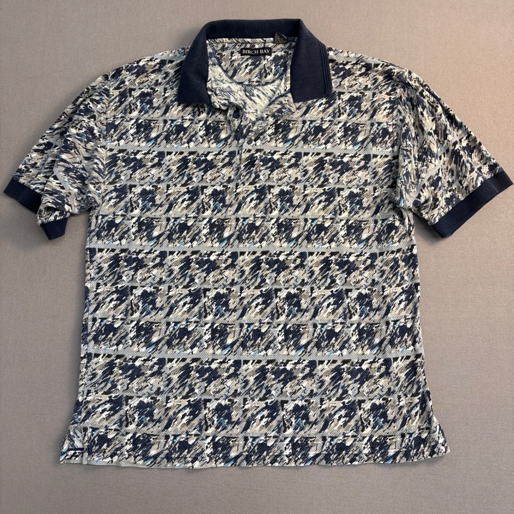 Birch Bay Mens XXL Polo Shirt Abstract Geometric Print Navy Blue Cotton Short Sl